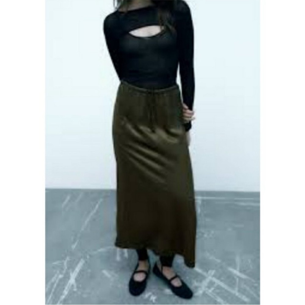Zara Satin Effect Drawstring Midi Skirt Olive Green